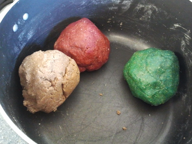 Dough in balls of red, white, and blue! Or pink, brown, and teal, as the case may be...